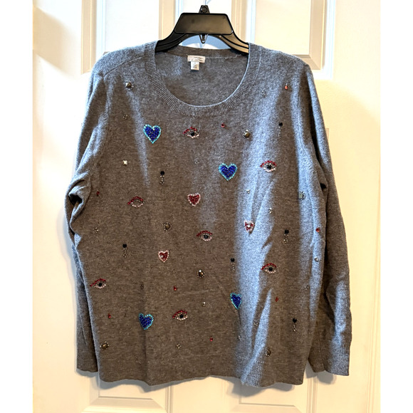 Halogen Cashmere Size 2X Rhinestone Beaded Sequin Stone Gray Sweater Hearts Eye - Picture 1 of 10